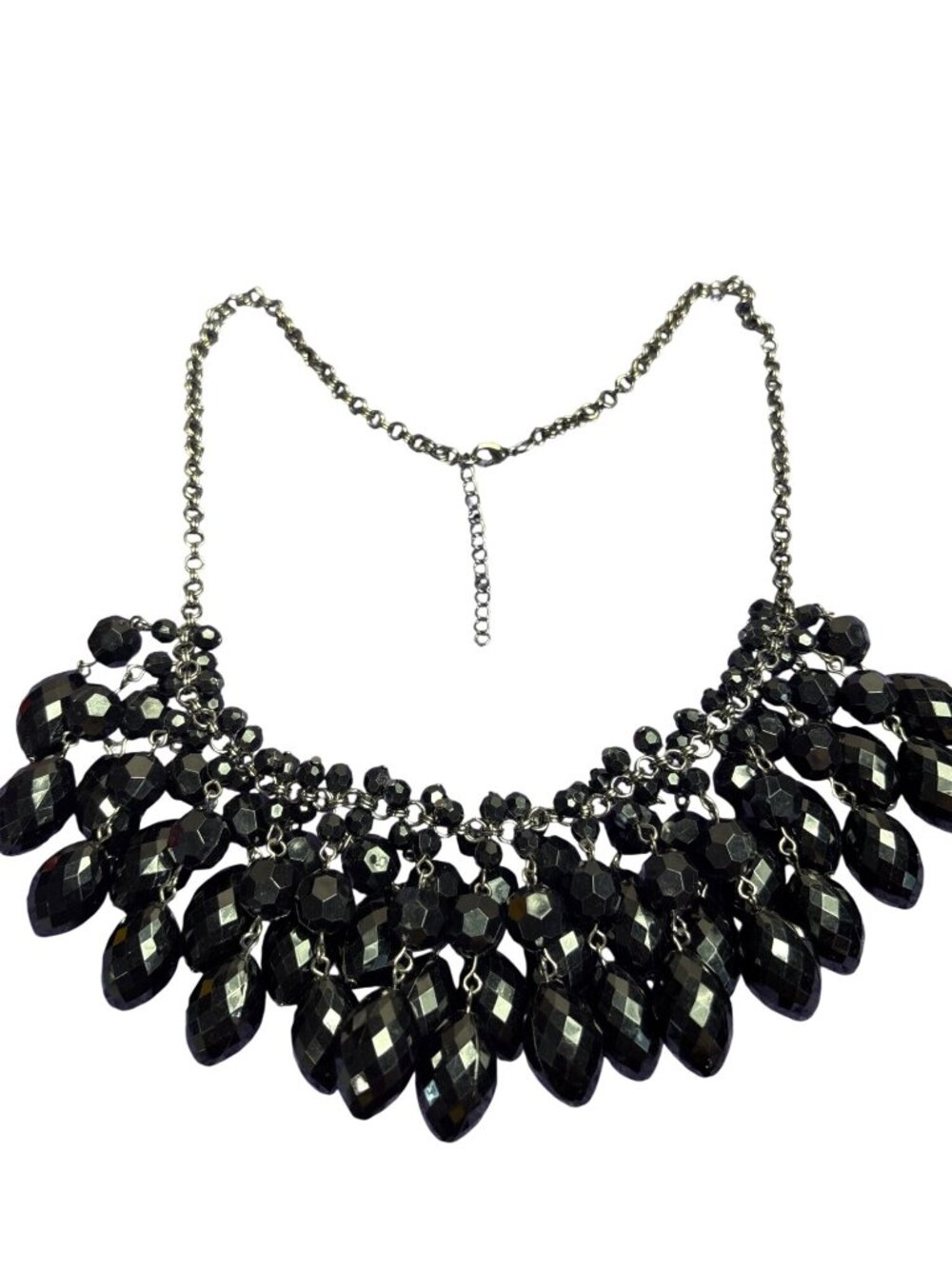 Statement Black Plastic Beaded Fringe Bib Necklace Gunmetal 21 - 23 inches Long